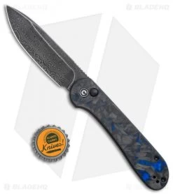 CIVIVI Elementum Button Lock Knife Blue/Black Shred CF (3.5" Damascus) -CIVIVI Shop CIVIVI Elementum Push Button Lock Shred CF with Blue Damascus BHQ 120931 jr bottlecap